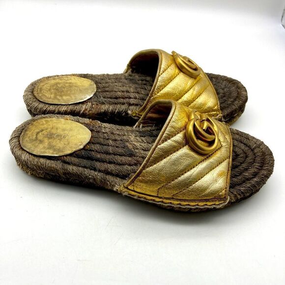 Authentic Gucci Quilted Leather Espadrille Sandals Size 35,5 Gold Color - Picture 4 of 13
